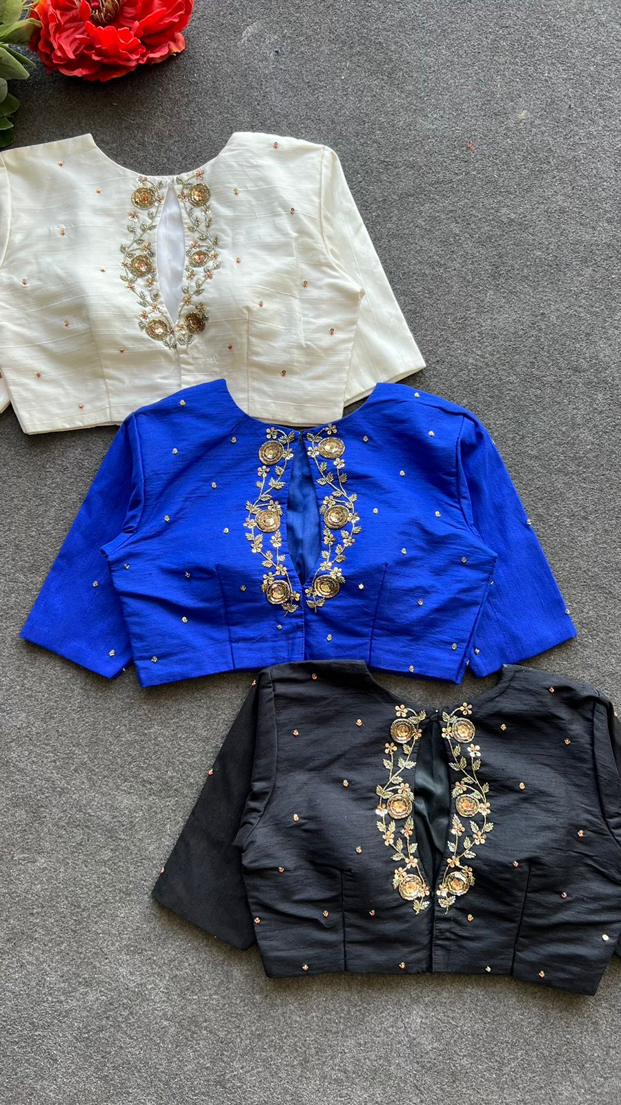 Half white silk intricate back hand work blouse