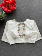 Half white silk intricate back hand work blouse