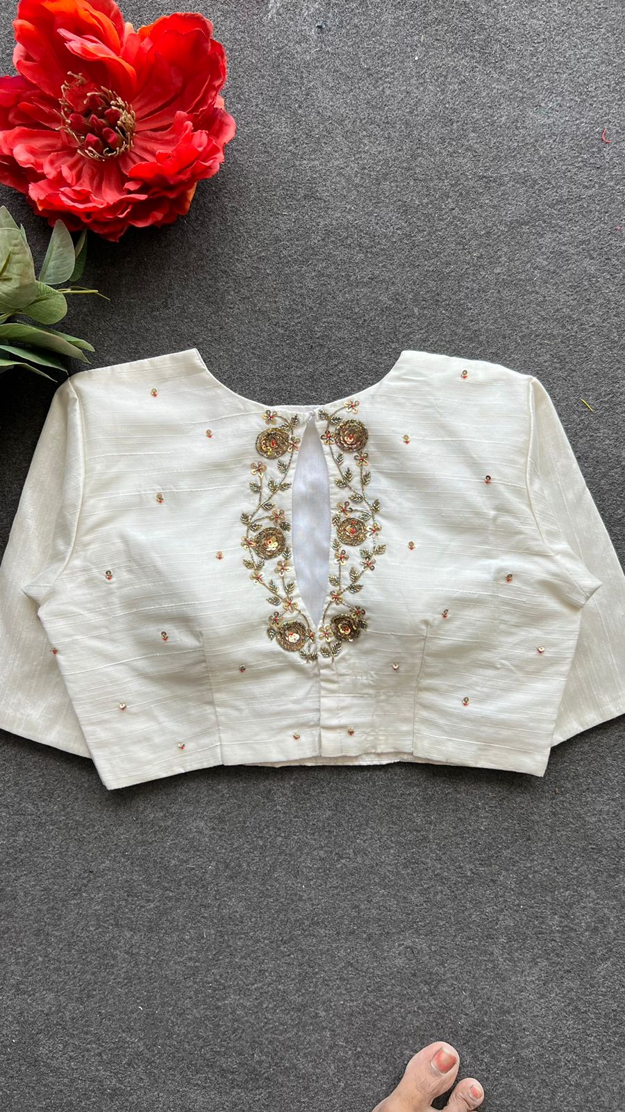 Half white silk intricate back hand work blouse