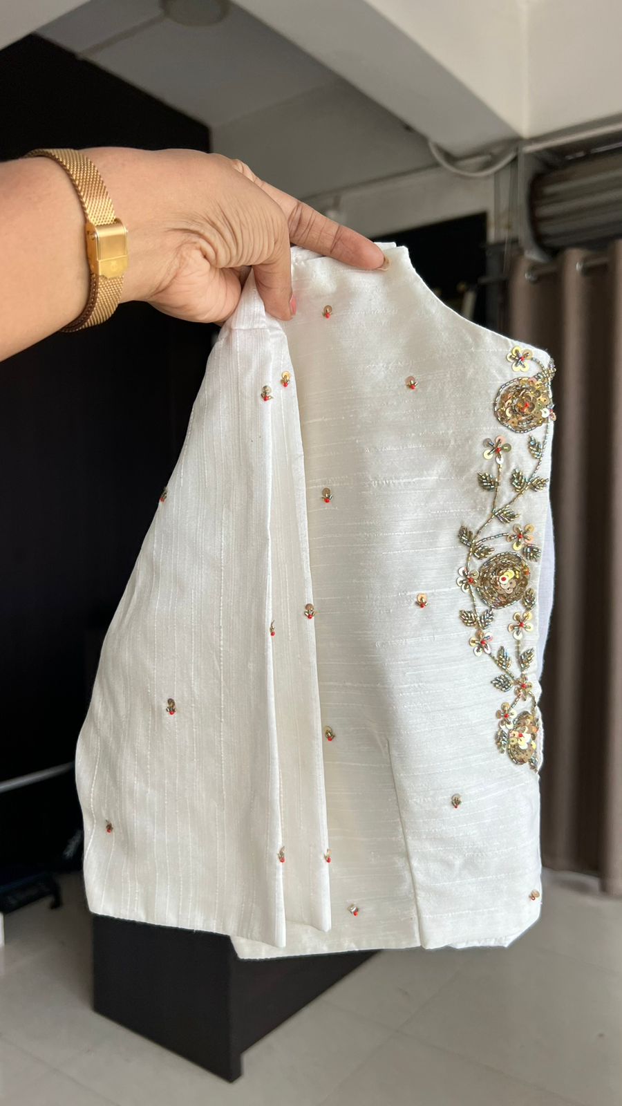 Half white silk intricate back hand work blouse