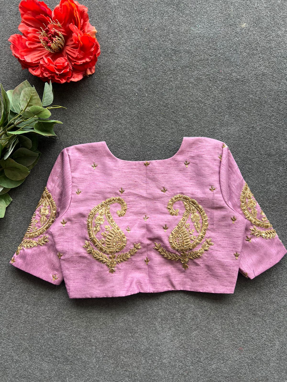 Onion pink silk heavy mango hand work blouse