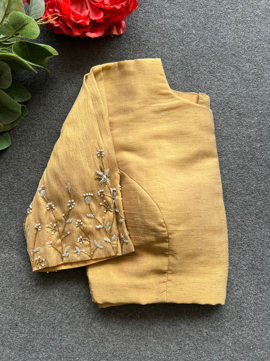 Gold silk sleeves hand work blouse