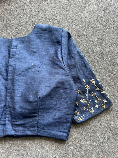 Navy blue silk sleeves hand work blouse