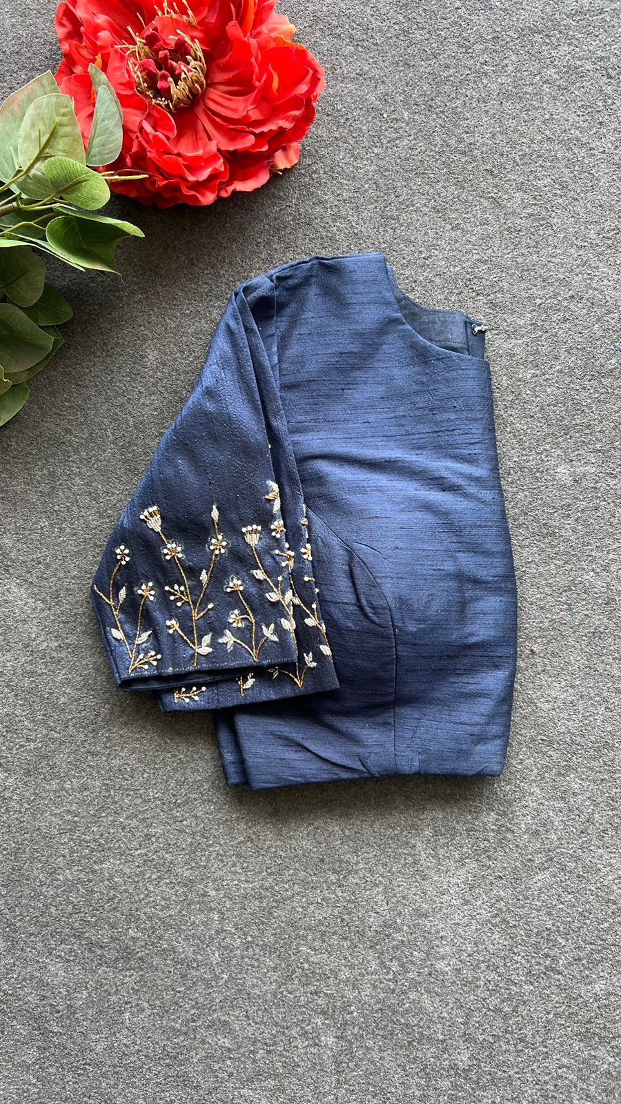 Navy blue silk sleeves hand work blouse
