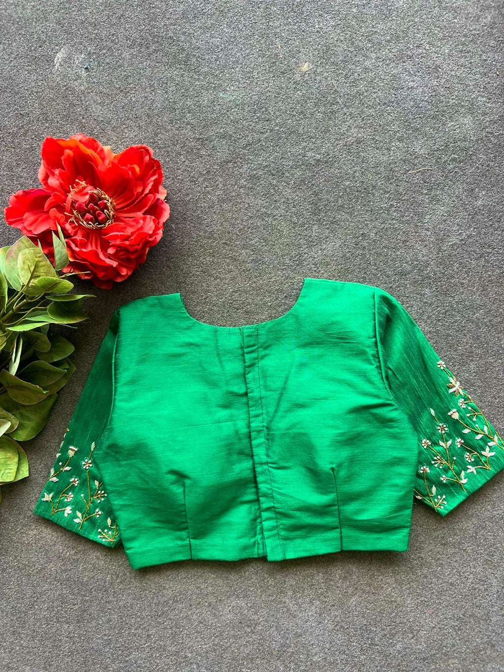 Green silk sleeves hand work blouse
