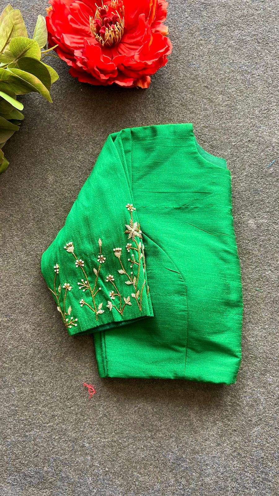 Green silk sleeves hand work blouse