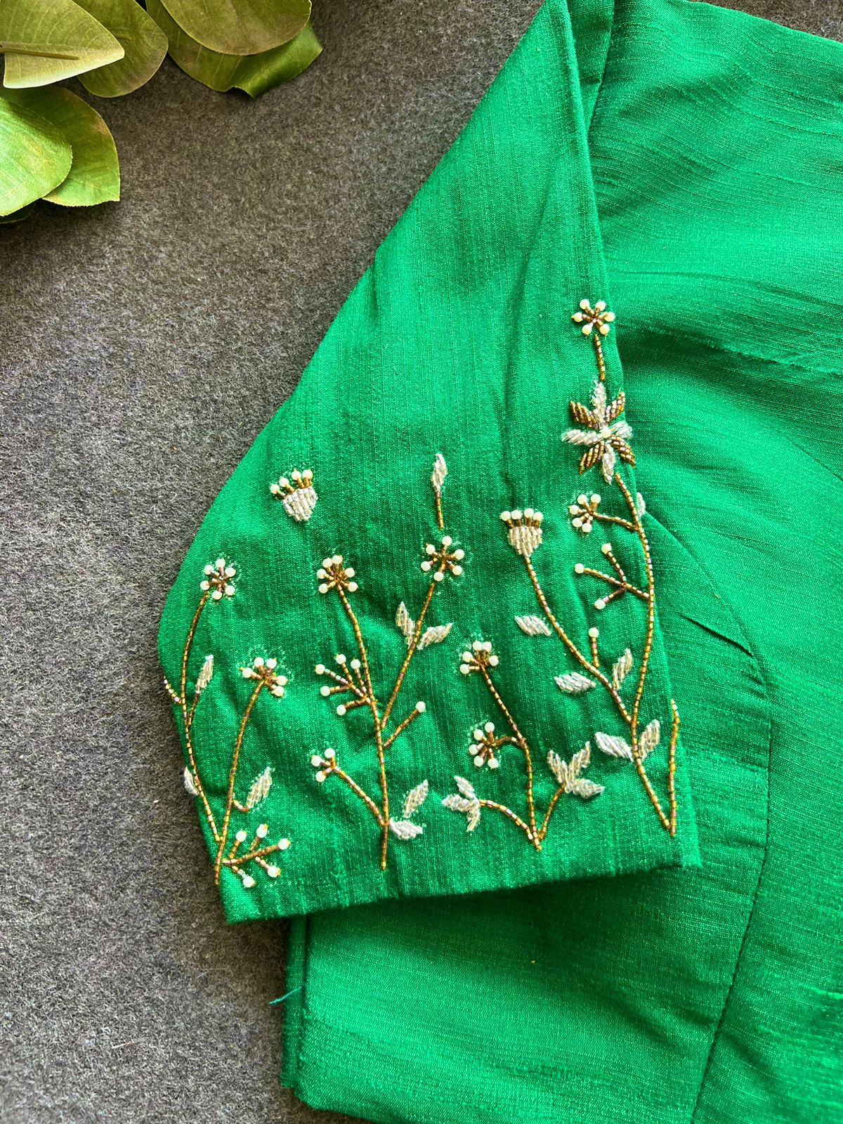 Green silk sleeves hand work blouse