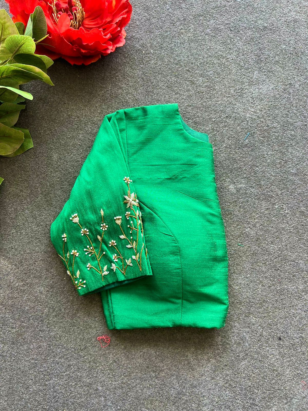 Green silk sleeves hand work blouse