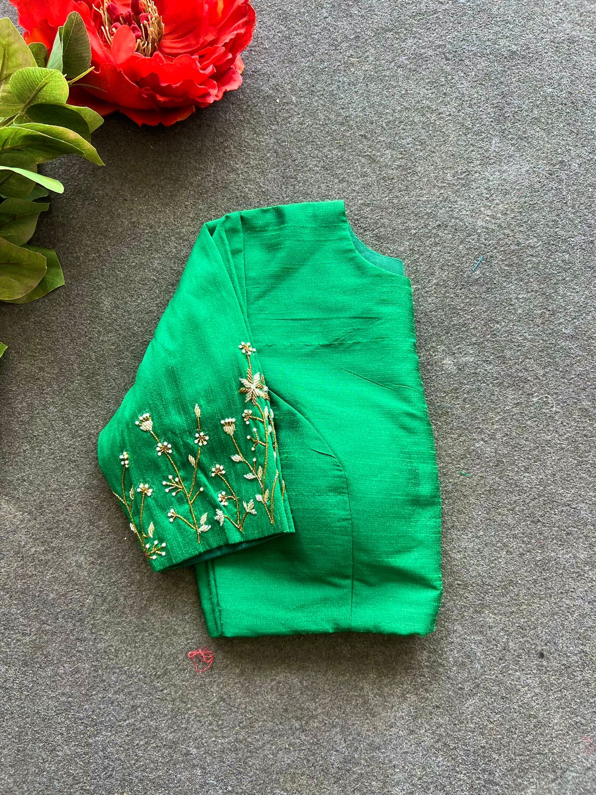 Green silk sleeves hand work blouse