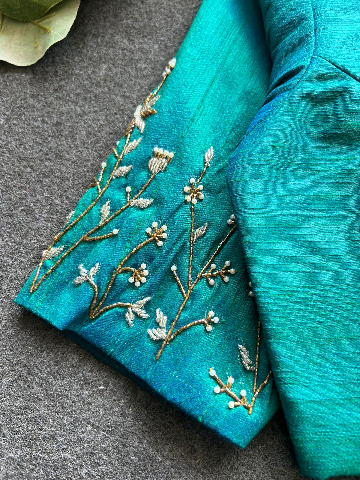 Blue silk sleeves hand work blouse