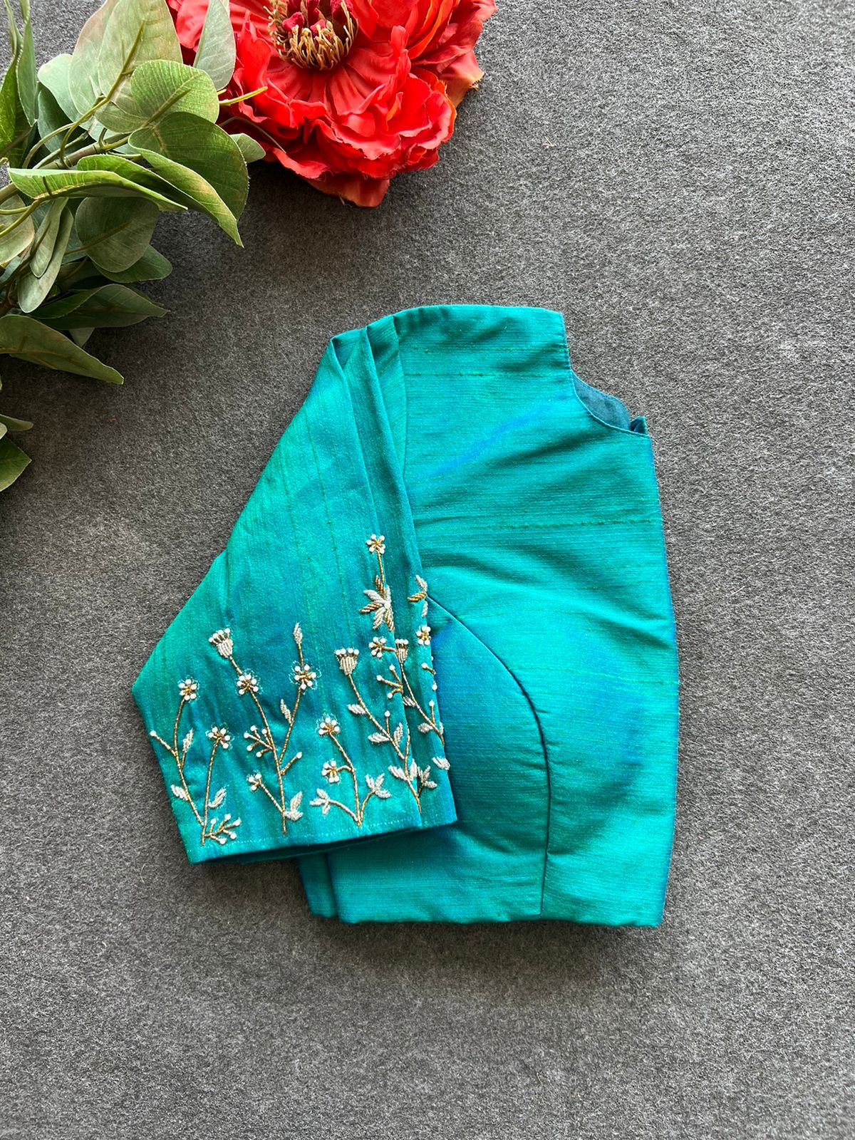 Blue silk sleeves hand work blouse