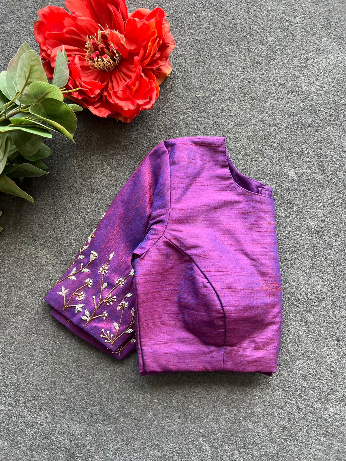 Purple silk sleeves hand work blouse