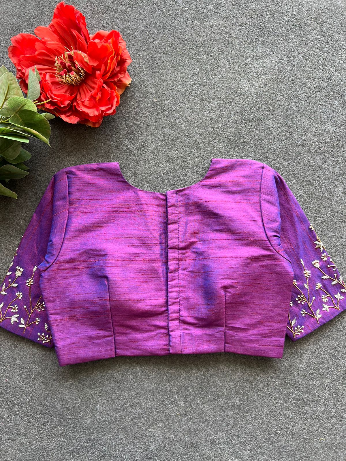 Purple silk sleeves hand work blouse