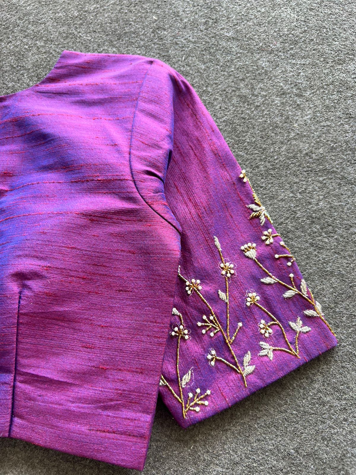Purple silk sleeves hand work blouse