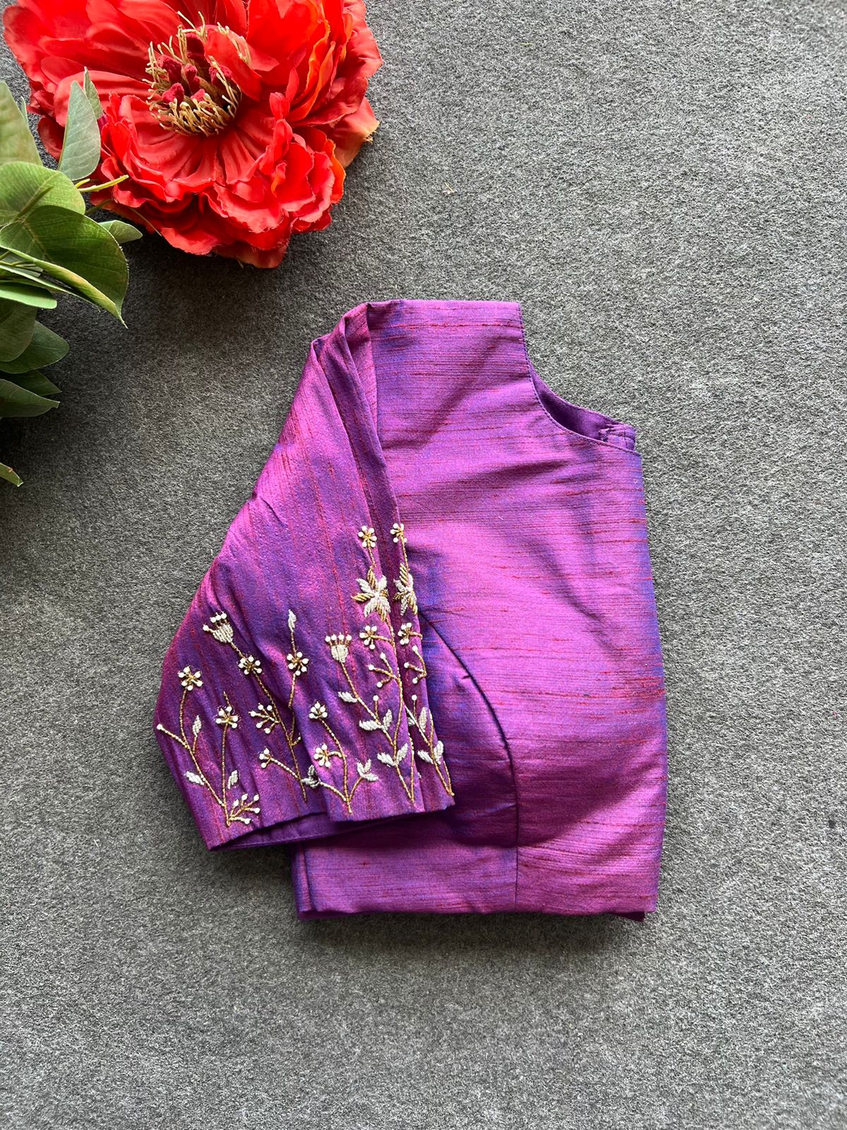 Purple silk sleeves hand work blouse