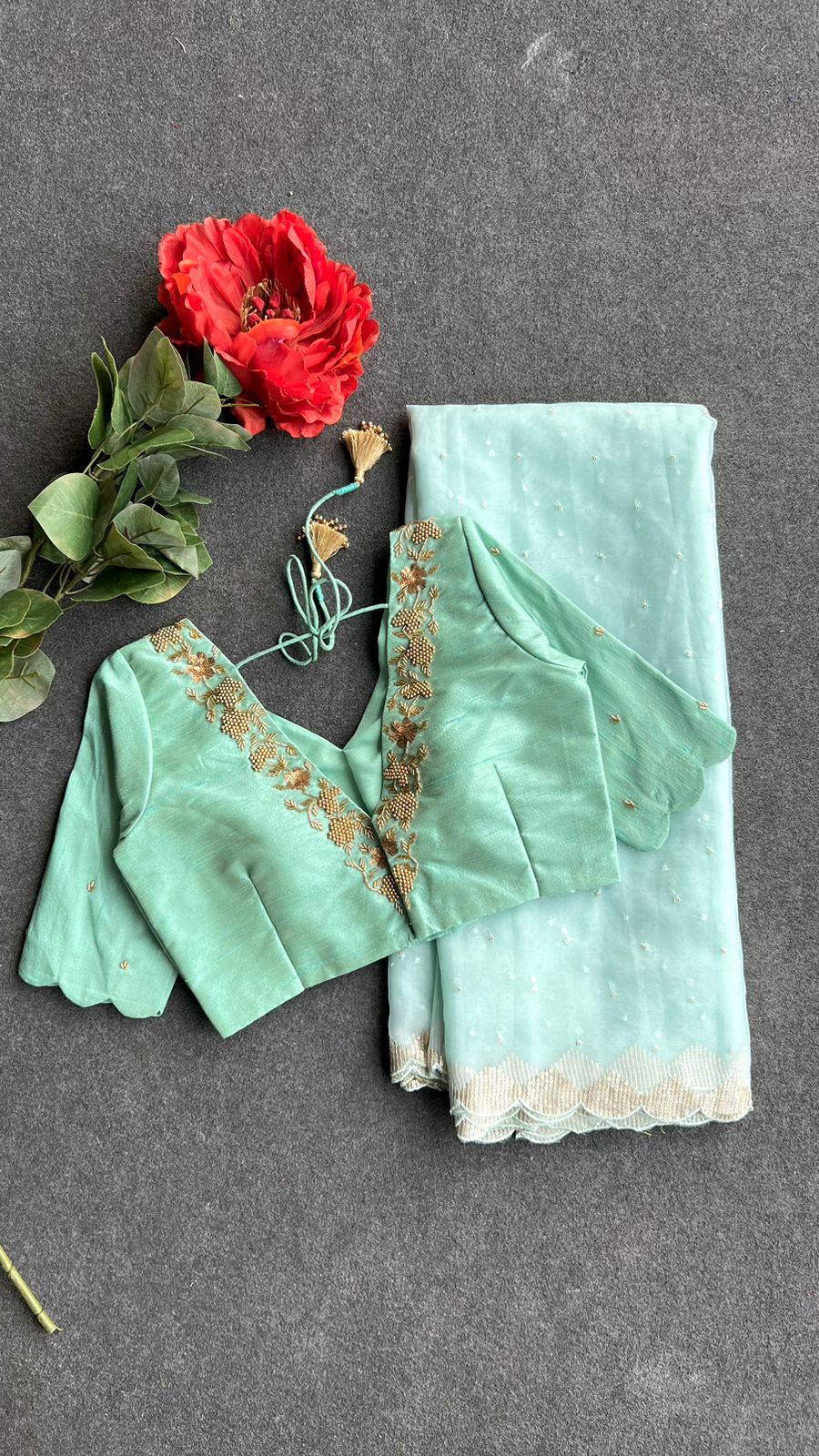 Cyan blue organza Saree with Handmade Blouse