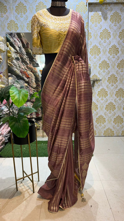 Lavender banarasi silk saree with heavy mirror embroidery blouse