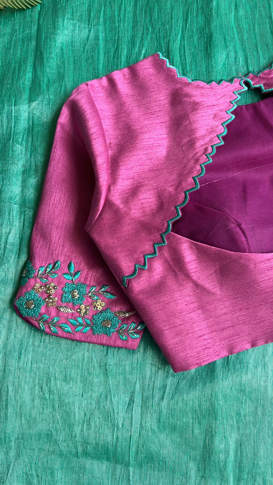 Soft blue tissue saree with pink hand embroidered blouse