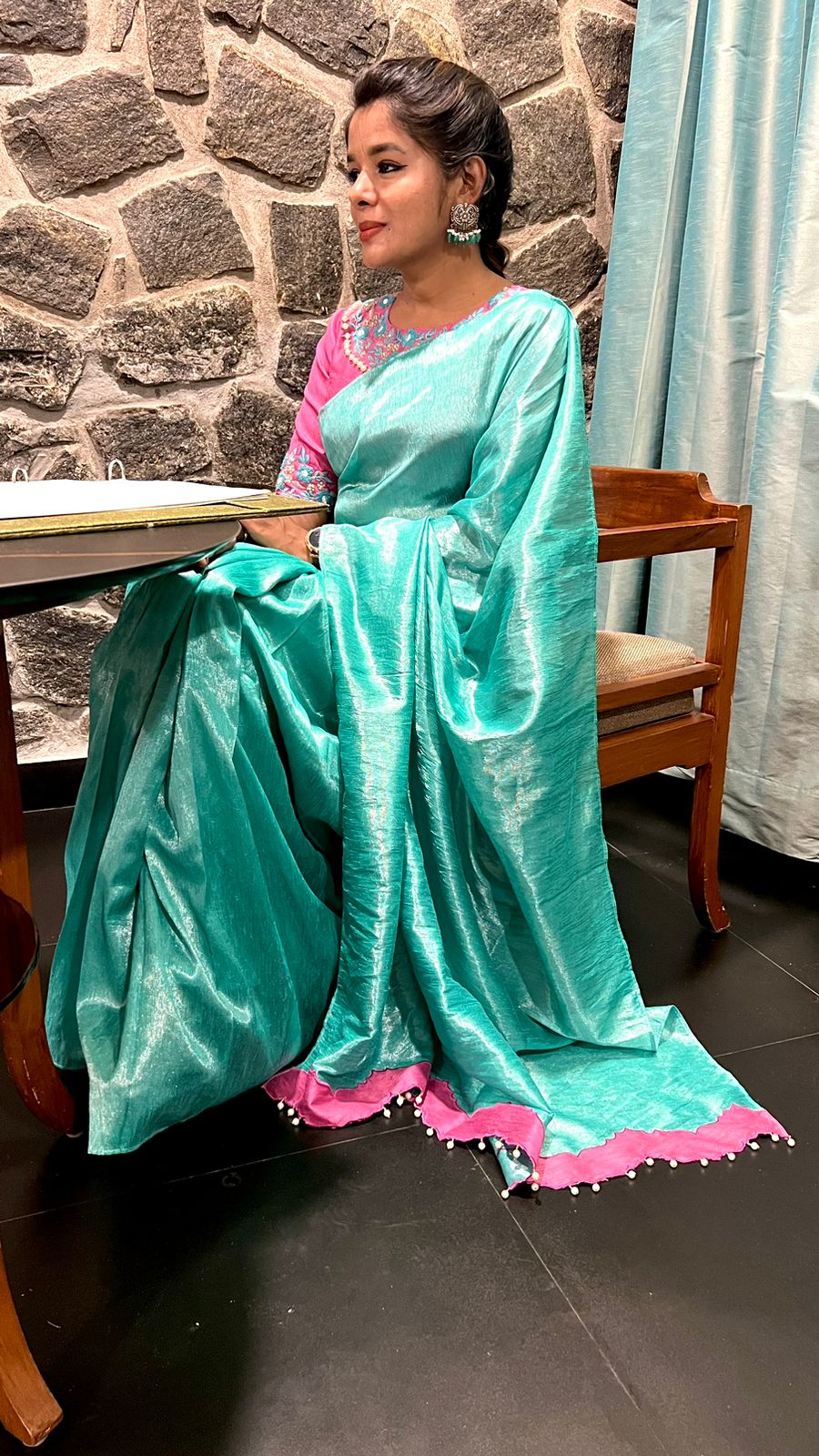 Soft blue tissue saree with pink hand embroidered blouse