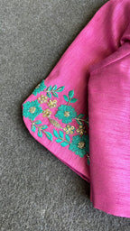 Soft blue tissue saree with pink hand embroidered blouse