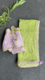 Green jute saree with lavender hand worked blouse