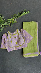 Green jute saree with lavender hand worked blouse