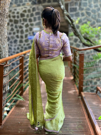 Green jute saree with lavender hand worked blouse