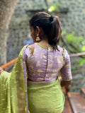 Green jute saree with lavender hand worked blouse