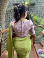 Green jute saree with lavender hand worked blouse