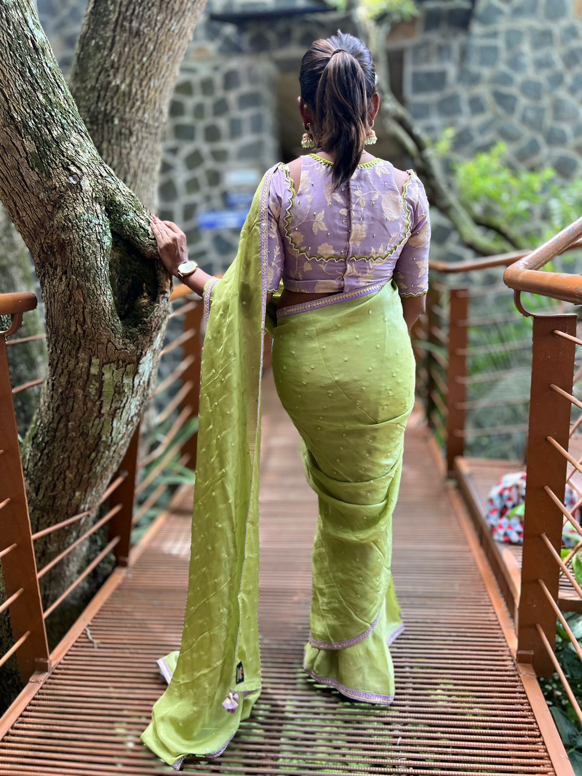 Green jute saree with lavender hand worked blouse