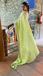 Green jute saree with lavender hand worked blouse