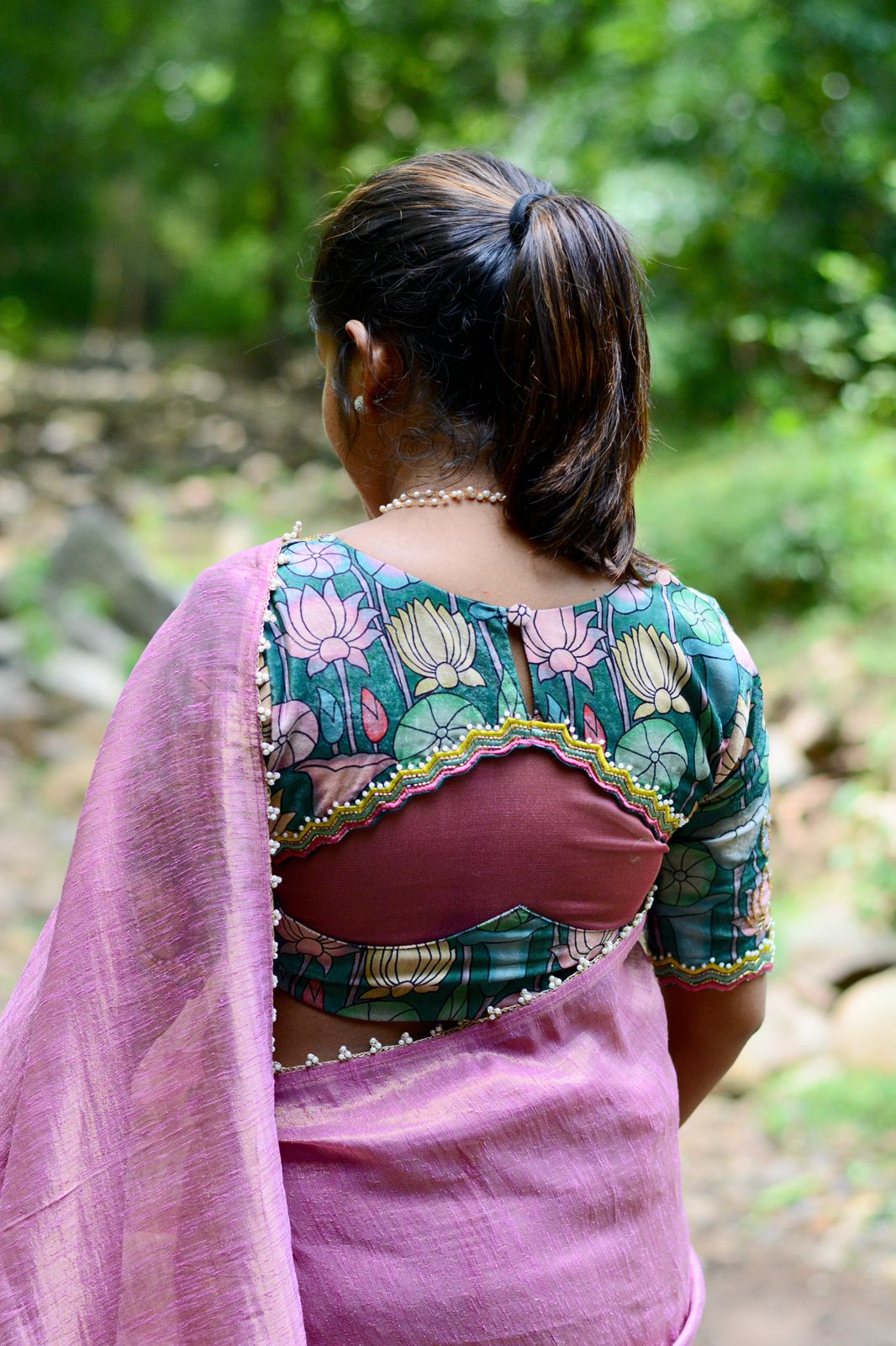 Pink tissue saree with floral velvet hand worked blouse