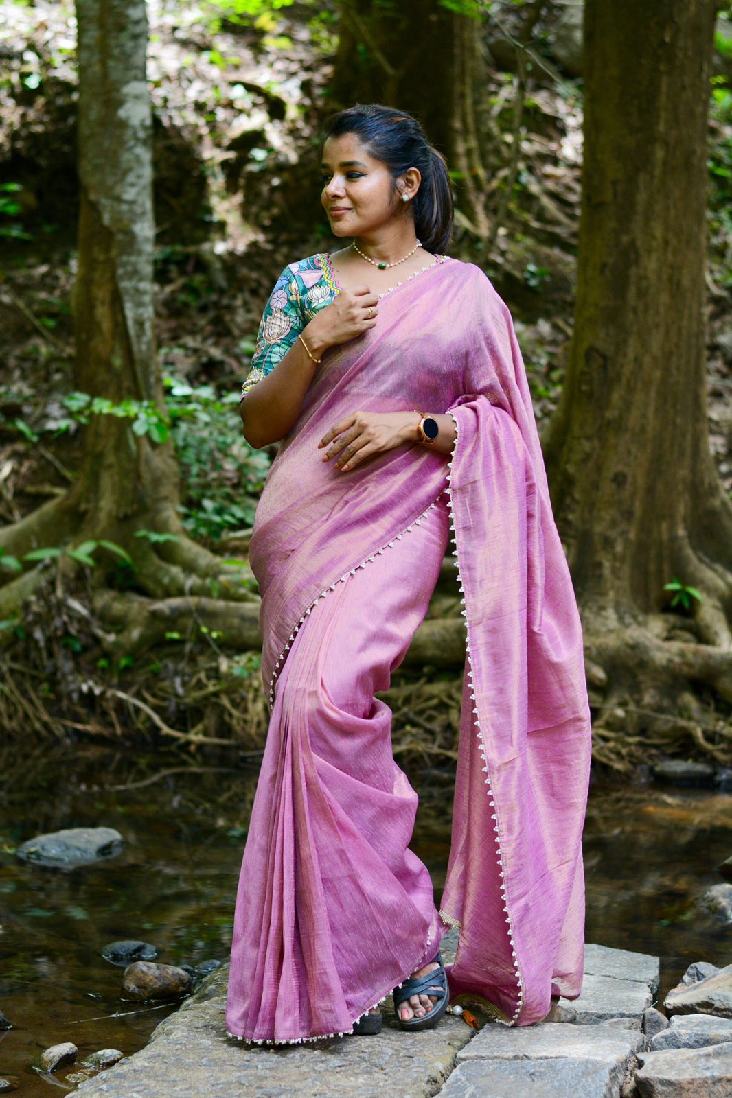 Pink tissue saree with floral velvet hand worked blouse