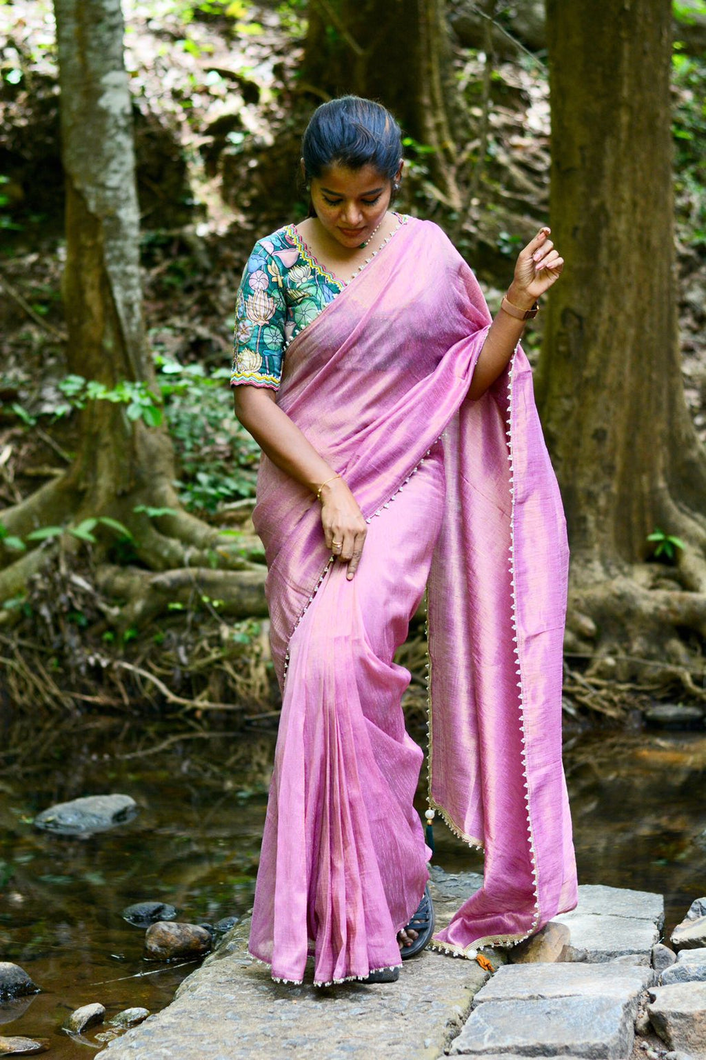 Pink tissue saree with floral velvet hand worked blouse