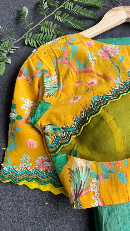 Yellow floral embroidery hand worked blouse