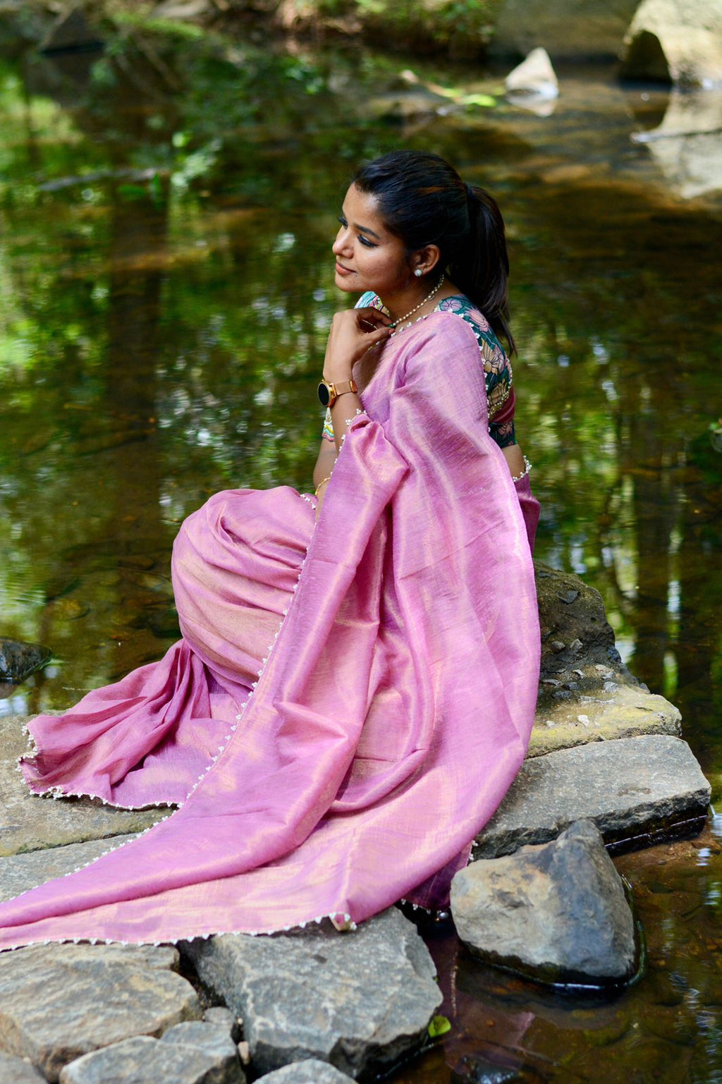 Pink tissue saree with floral velvet hand worked blouse