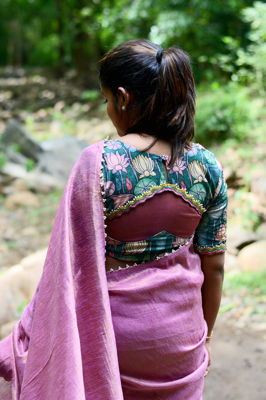 Pink tissue saree with floral velvet hand worked blouse