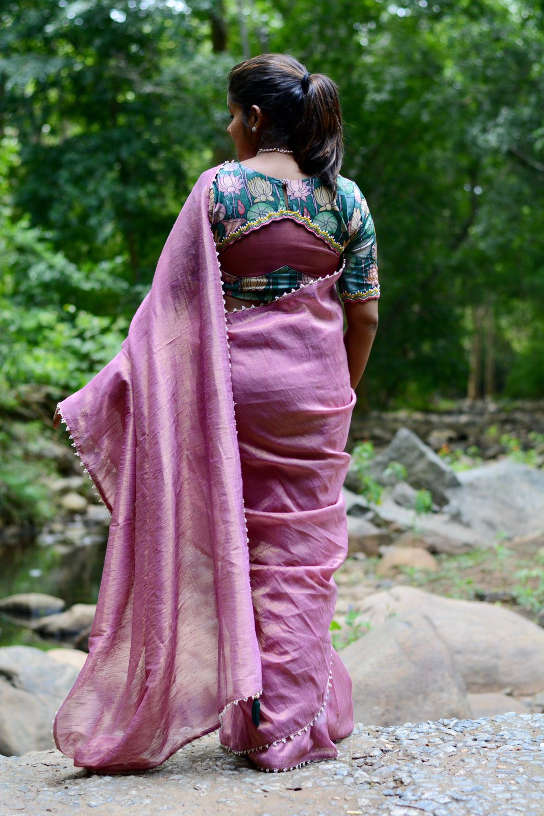 Pink tissue saree with floral velvet hand worked blouse