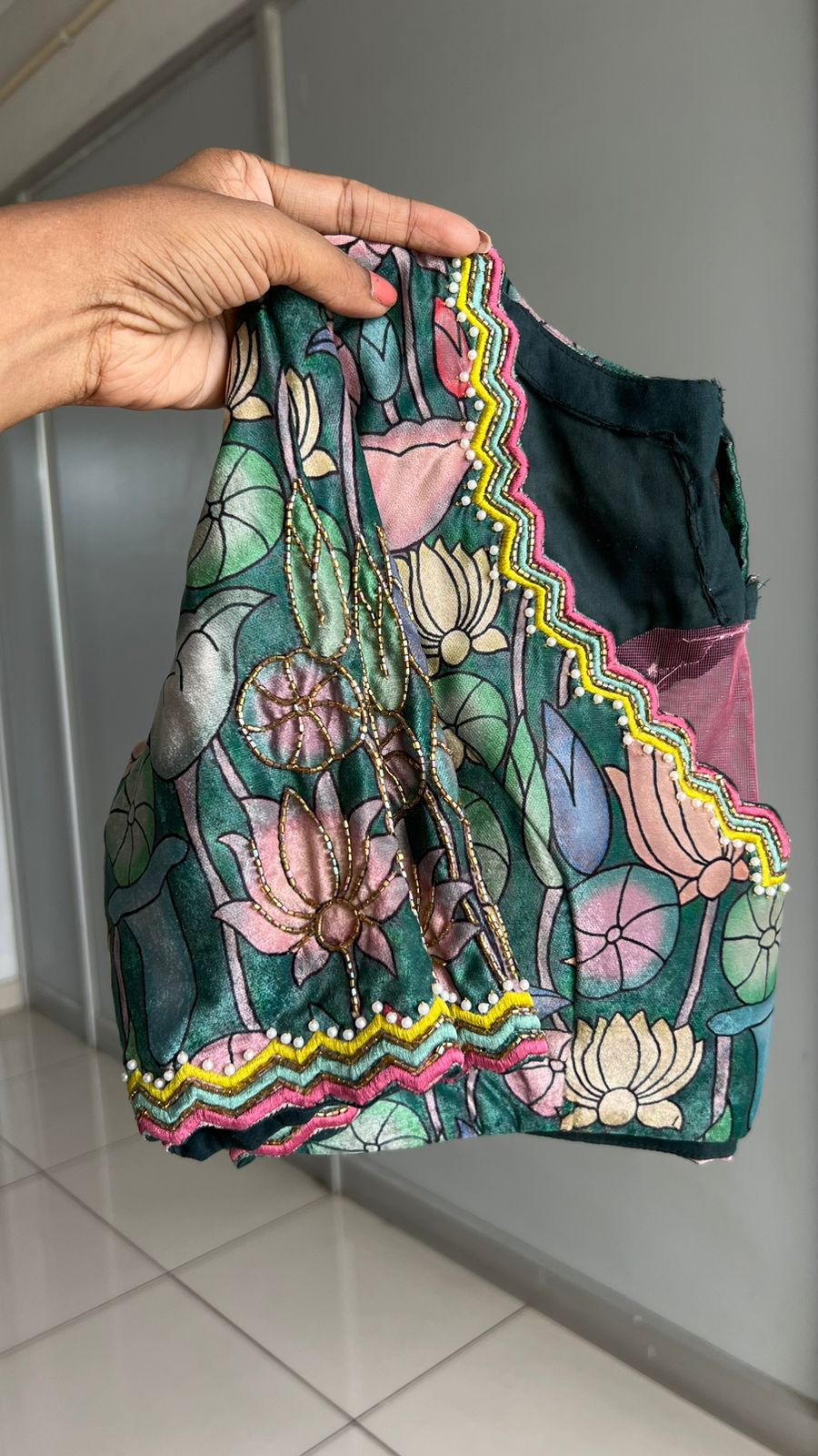 Pink tissue saree with floral velvet hand worked blouse