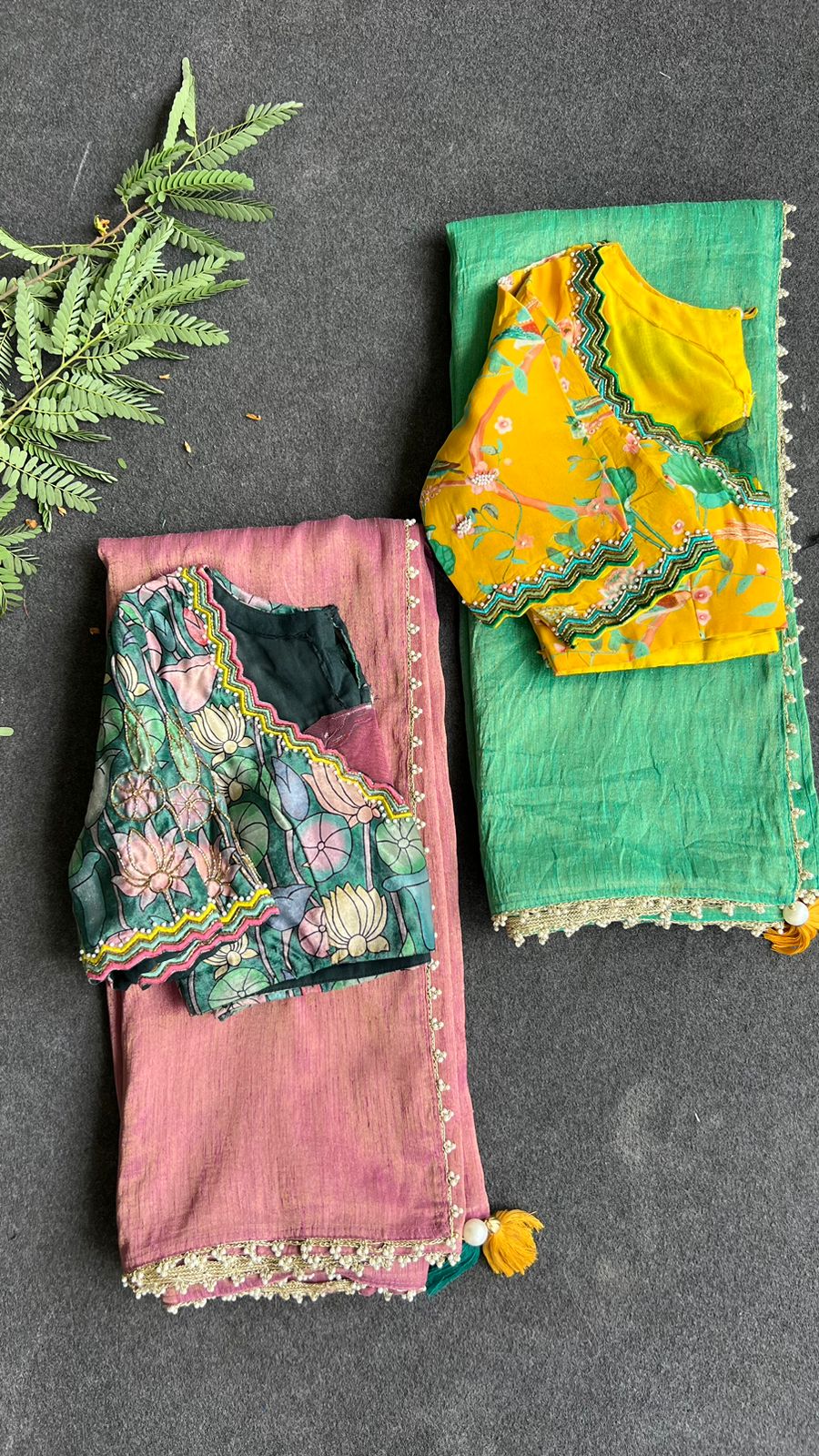 Pink tissue saree with floral velvet hand worked blouse