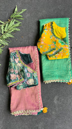 Pink tissue saree with floral velvet hand worked blouse