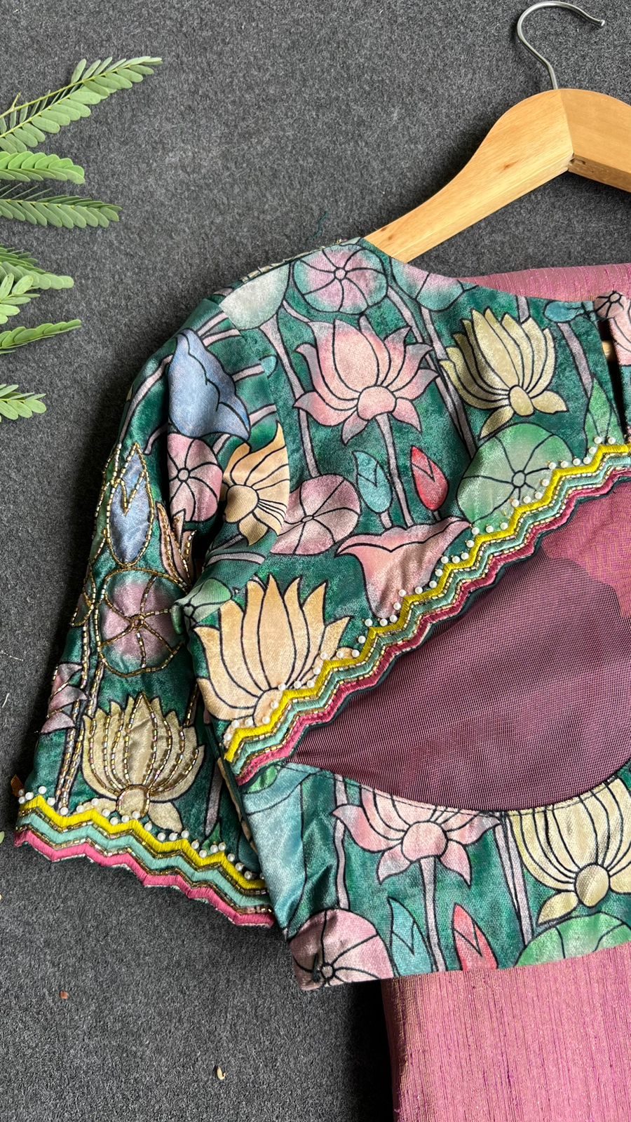 Pink tissue saree with floral velvet hand worked blouse