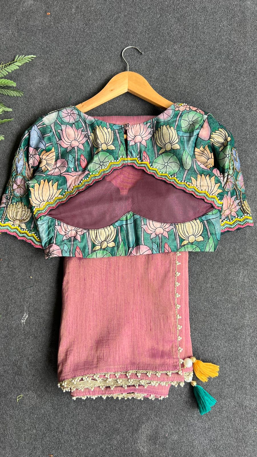 Pink tissue saree with floral velvet hand worked blouse