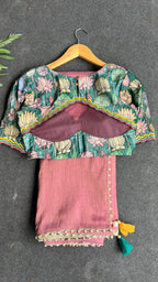 Pink tissue saree with floral velvet hand worked blouse