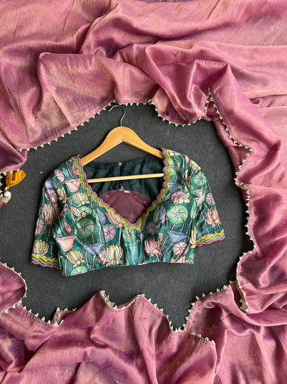 Green floral velvet embroidery hand worked blouse