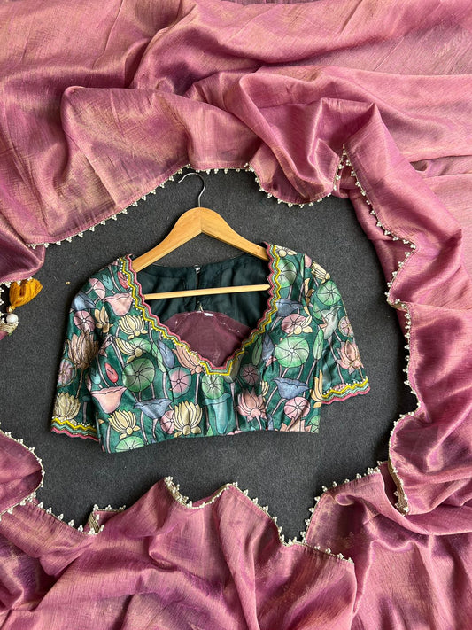 Pink tissue saree with floral velvet hand worked blouse