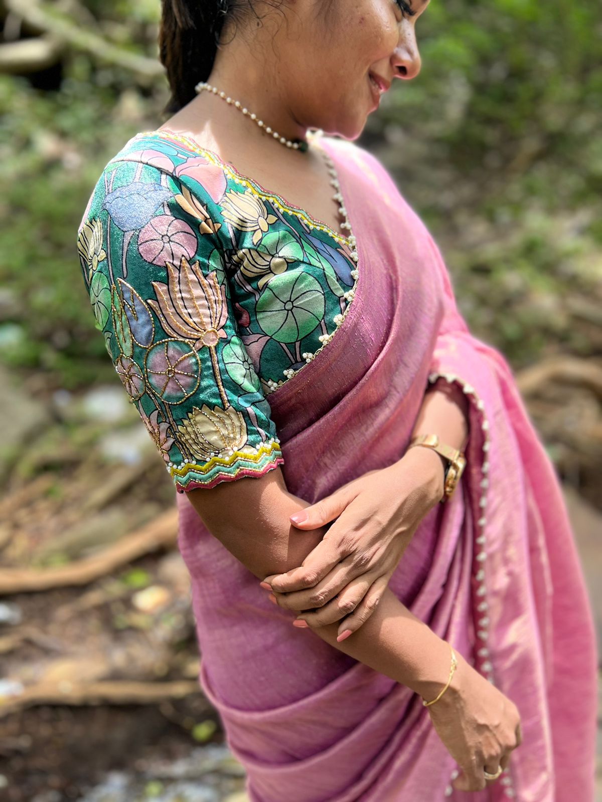Pink tissue saree with floral velvet hand worked blouse