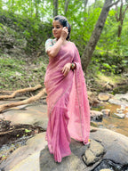 Pink tissue saree with floral velvet hand worked blouse