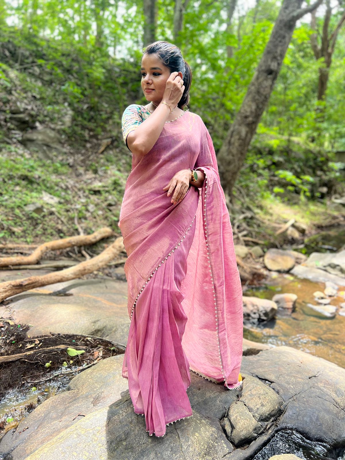 Pink tissue saree with floral velvet hand worked blouse