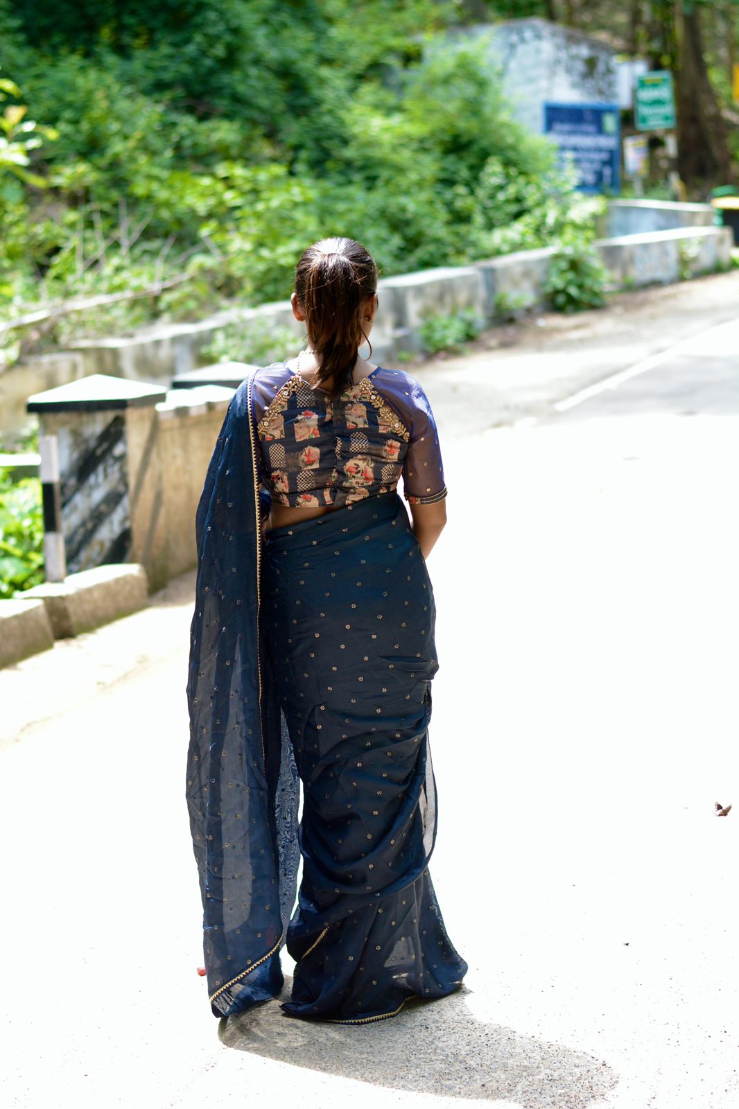Navy blue jute saree with heavy hand worked blouse